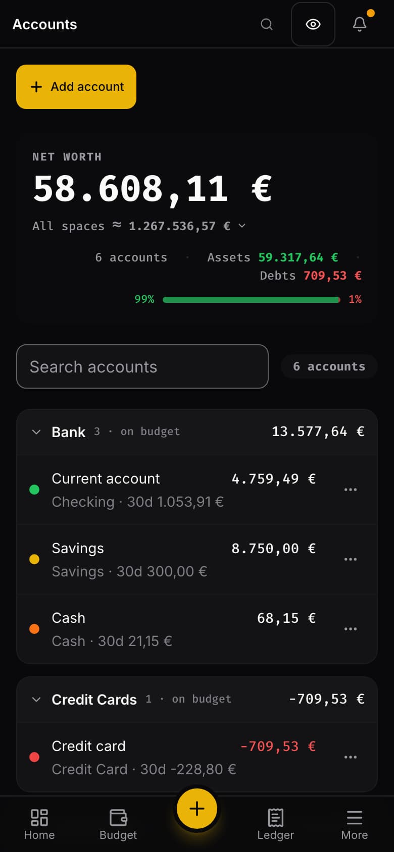 Rudopo on a phone: the Accounts screen of a euro budget, with net worth and a list of current, savings, cash and credit card accounts.