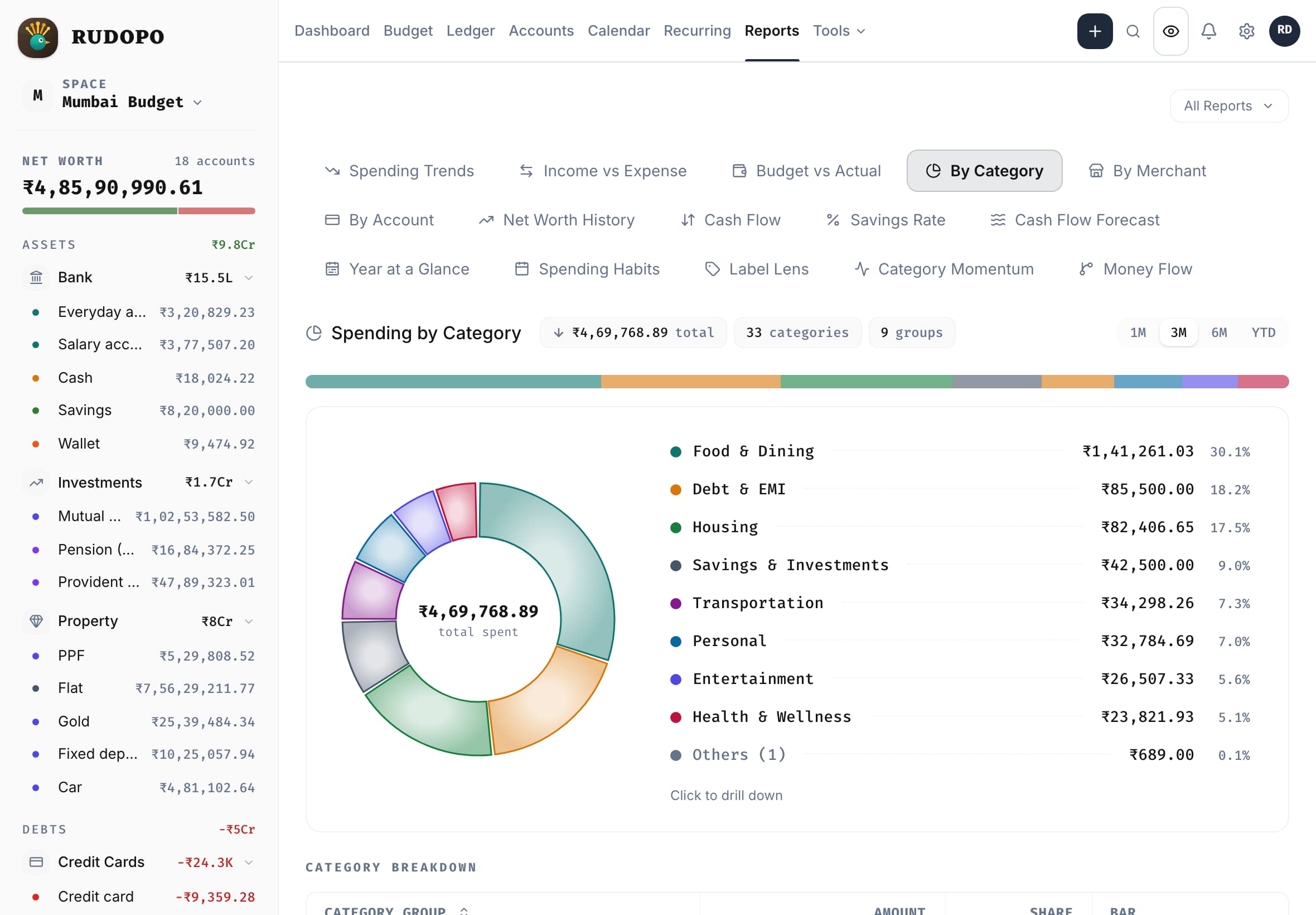 Rudopo's Spending by Category report on a tablet held landscape, in the light theme, in rupees: a donut of category groups with amounts in Indian number grouping beside the category list, with the accounts rail at the left.